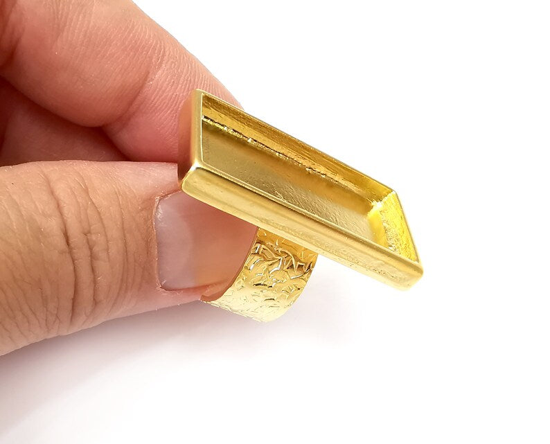 Rectangle Ring Blank Settings, Cabochon Mounting, Adjustable Gold Plated Resin Ring Base Bezel, Inlay Mosaic Epoxy (35x16mm) G33748