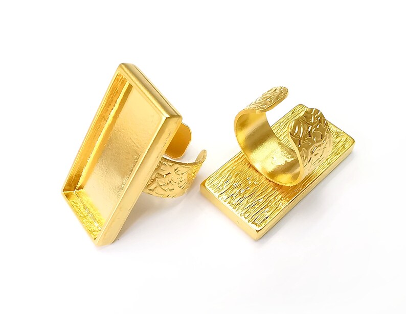 Rectangle Ring Blank Settings, Cabochon Mounting, Adjustable Gold Plated Resin Ring Base Bezel, Inlay Mosaic Epoxy (35x16mm) G33748