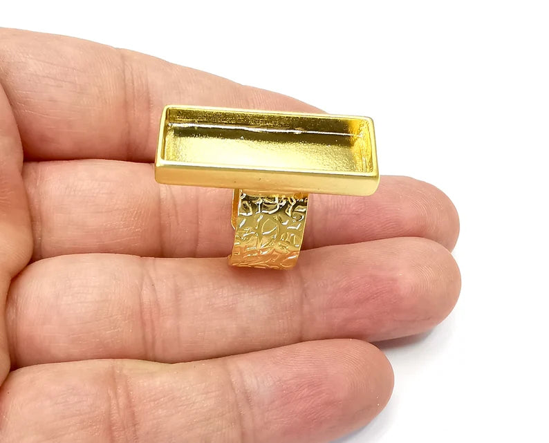 Rectangle Ring Blank Settings, Cabochon Mounting, Adjustable Gold Plated Resin Ring Base Bezel, Inlay Mosaic Epoxy (30x10mm) G33755