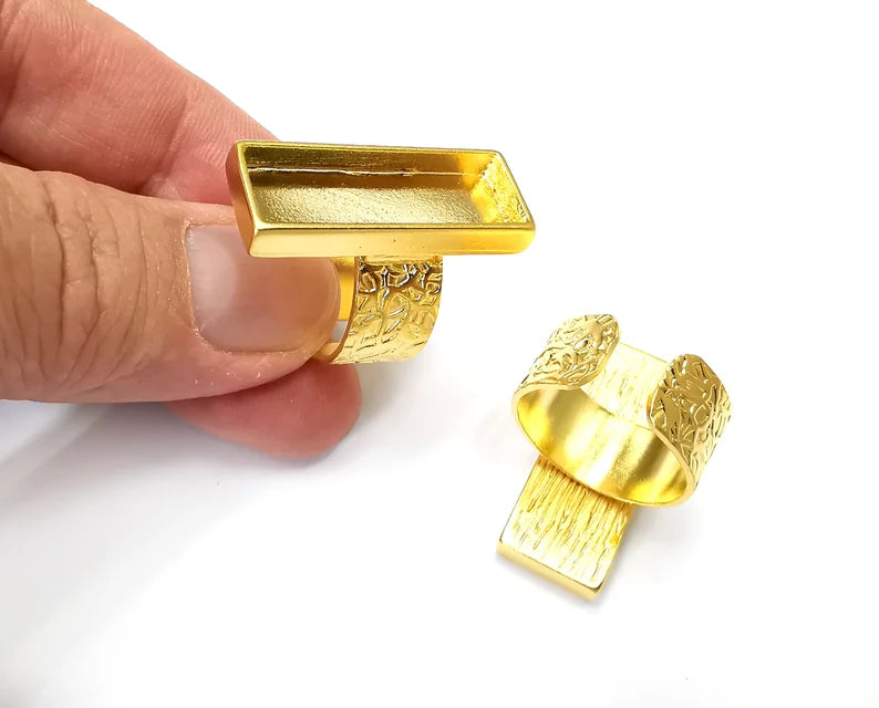 Rectangle Ring Blank Settings, Cabochon Mounting, Adjustable Gold Plated Resin Ring Base Bezel, Inlay Mosaic Epoxy (30x10mm) G33755