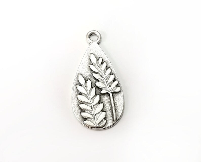 Fern Drop Charms, Dangle Charms Antique Silver Plated (39x19mm) G33847