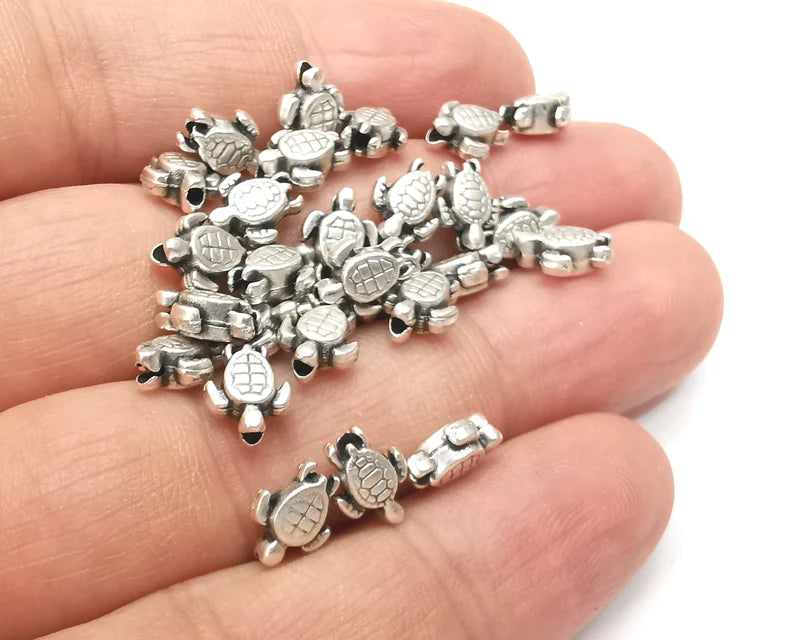 10 Turtle Beads Antique Silver Plated Metal Beads (8mm) G33850