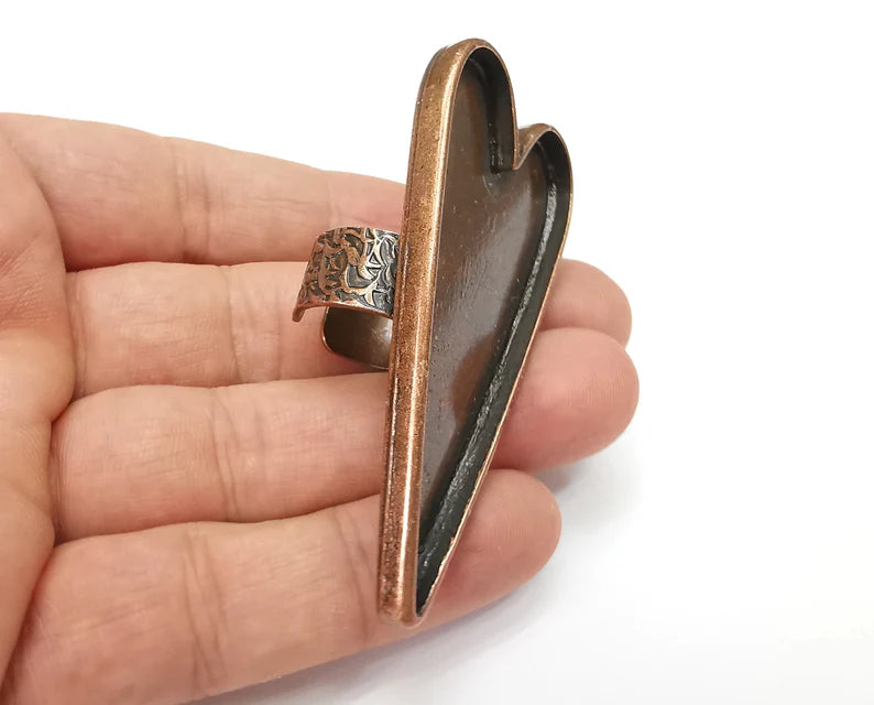 Large Heart Ring Blank Settings, Cabochon Mounting, Adjustable Antique Copper Resin Ring Base Bezel, Inlay Mosaic Epoxy (47x24mm) G33870