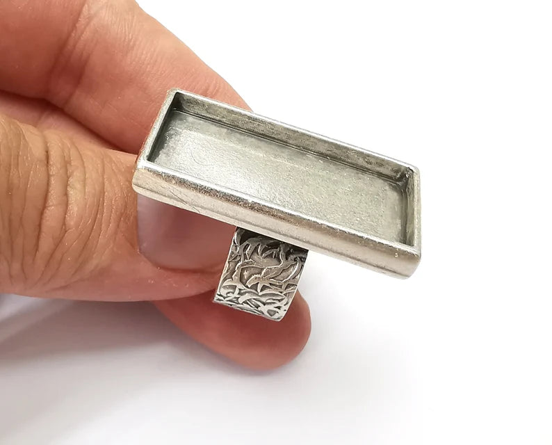 Rectangle Ring Blank Settings, Cabochon Mounting, Adjustable Antique Silver Resin Ring Base Bezel, Inlay Mosaic Epoxy (35x16mm) G33872