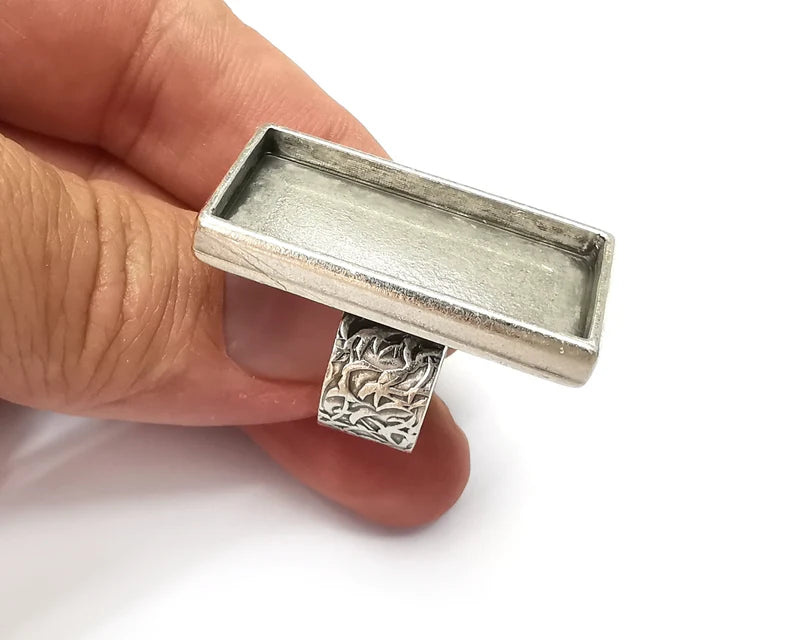 Rectangle Ring Blank Settings, Cabochon Mounting, Adjustable Antique Silver Resin Ring Base Bezel, Inlay Mosaic Epoxy (35x16mm) G33872