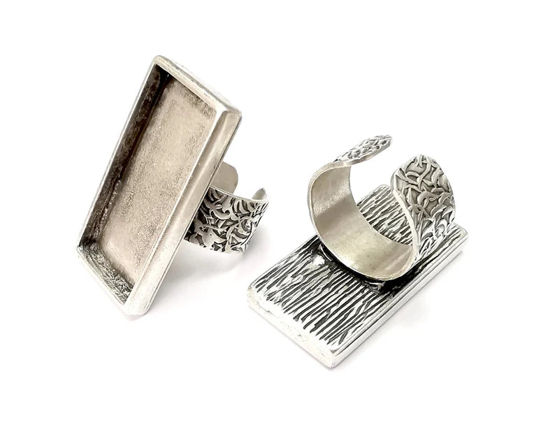 Rectangle Ring Blank Settings, Cabochon Mounting, Adjustable Antique Silver Resin Ring Base Bezel, Inlay Mosaic Epoxy (35x16mm) G33872