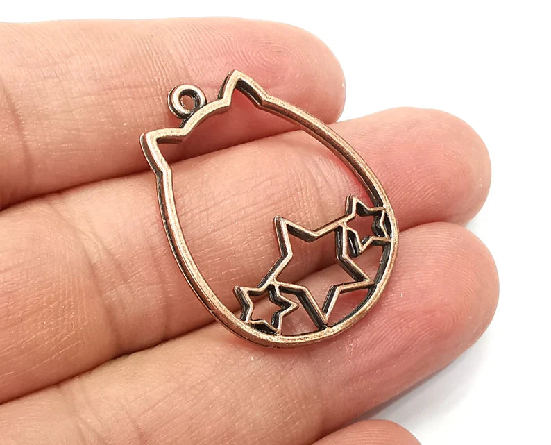 2 Cat, Stars Charms, Dangle Charms Antique Copper Plated (31x25mm) G33775