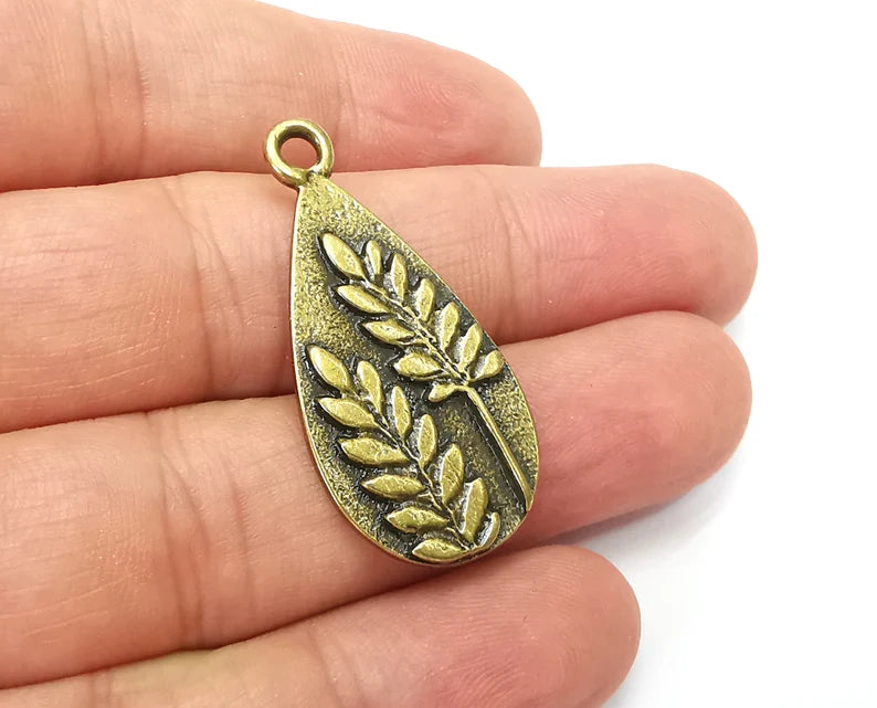 Fern Drop Charms, Dangle Charms Antique Bronze Plated (39x19mm) G33879