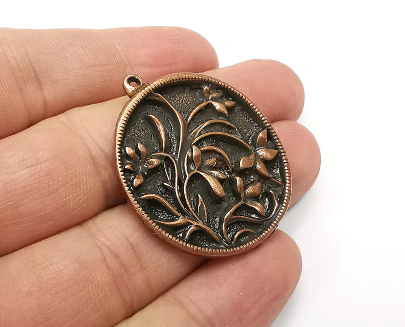 Flower Round Pendant, Charms, Antique Copper Plated (39x34mm) G33784