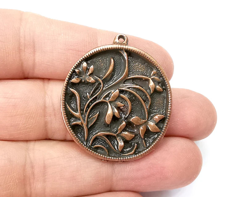 Flower Round Pendant, Charms, Antique Copper Plated (39x34mm) G33784
