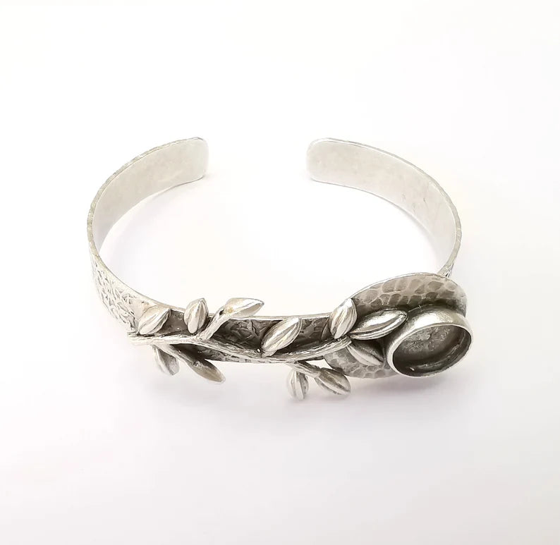 Leaf Bracelet Bezel Cuff Blank Resin Mountings Cabochon Base Setting Antique Silver Plated Brass Adjustable Bracelet Bezel (12mm) G33791