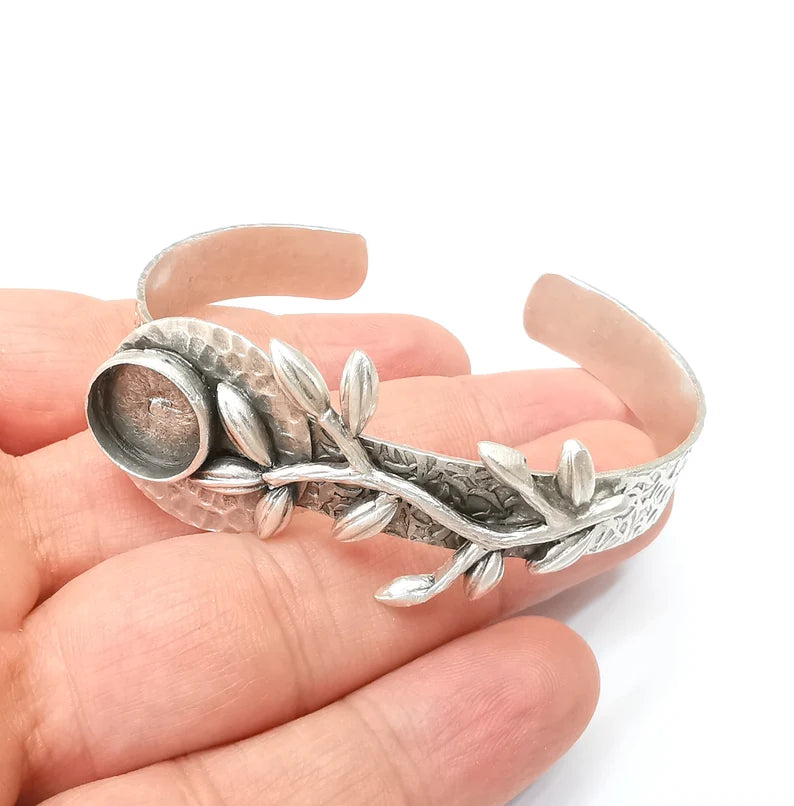 Leaf Bracelet Bezel Cuff Blank Resin Mountings Cabochon Base Setting Antique Silver Plated Brass Adjustable Bracelet Bezel (12mm) G33791