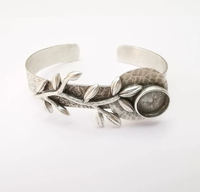 Leaf Bracelet Bezel Cuff Blank Resin Mountings Cabochon Base Setting Antique Silver Plated Brass Adjustable Bracelet Bezel (12mm) G33791