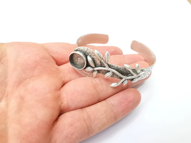 Leaf Bracelet Bezel Cuff Blank Resin Mountings Cabochon Base Setting Antique Silver Plated Brass Adjustable Bracelet Bezel (12mm) G33791