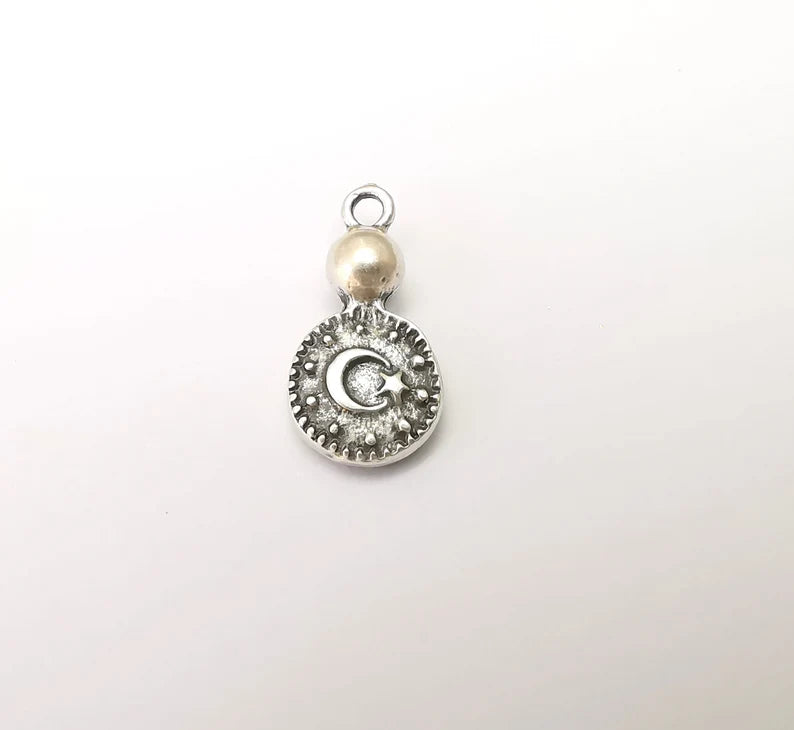 2 Moon and Star Charms, Dangle Charms, Crescent and Star charms, Antique Silver Plated (23x11mm) G33793