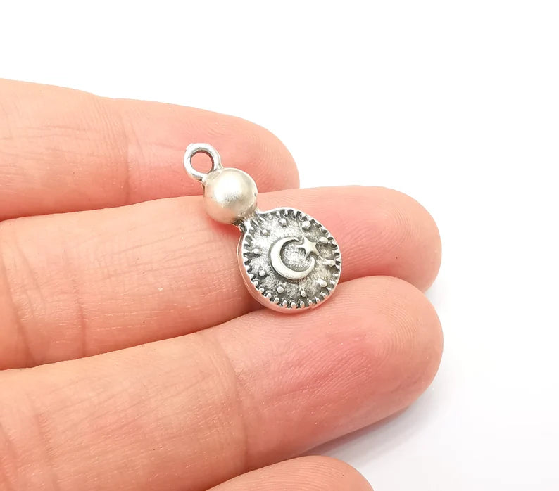 2 Moon and Star Charms, Dangle Charms, Crescent and Star charms, Antique Silver Plated (23x11mm) G33793