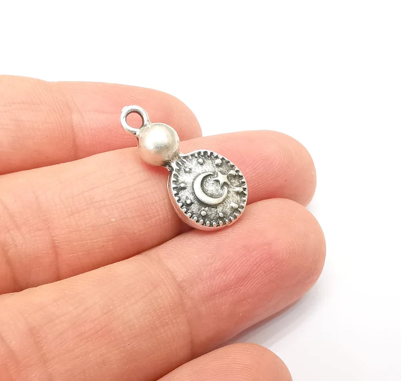 2 Moon and Star Charms, Dangle Charms, Crescent and Star charms, Antique Silver Plated (23x11mm) G33793
