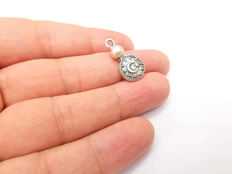 2 Moon and Star Charms, Dangle Charms, Crescent and Star charms, Antique Silver Plated (23x11mm) G33793