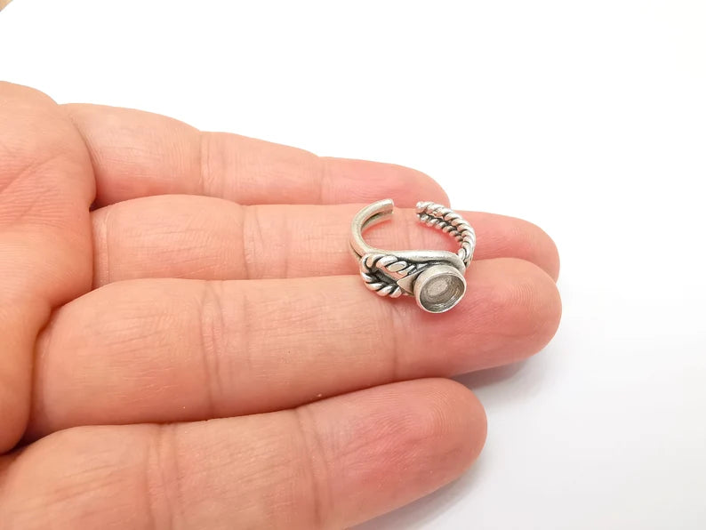 Silver Ring Blank Setting, Cabochon Mounting, Adjustable Resin Ring Bezels, Antique Silver Plated Ring Base (6mm) G33796