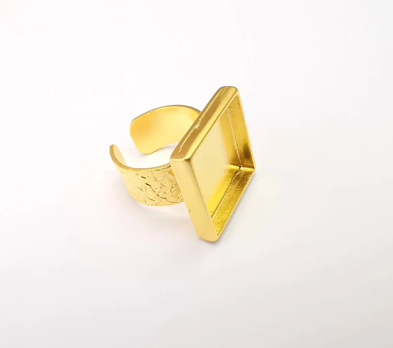 Square Ring Blank Settings, Cabochon Mounting, Adjustable Gold Plated Resin Ring Base, Inlay Ring, Mosaic Epoxy Bezel Ring (20x20mm) G33789