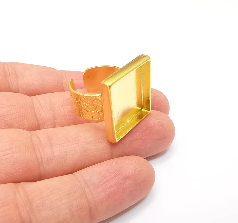 Square Ring Blank Settings, Cabochon Mounting, Adjustable Gold Plated Resin Ring Base, Inlay Ring, Mosaic Epoxy Bezel Ring (20x20mm) G33789