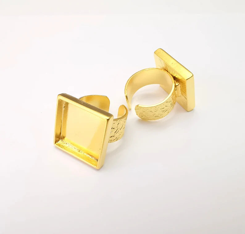 Square Ring Blank Settings, Cabochon Mounting, Adjustable Gold Plated Resin Ring Base, Inlay Ring, Mosaic Epoxy Bezel Ring (20x20mm) G33789