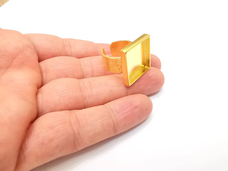 Square Ring Blank Settings, Cabochon Mounting, Adjustable Gold Plated Resin Ring Base, Inlay Ring, Mosaic Epoxy Bezel Ring (20x20mm) G33789