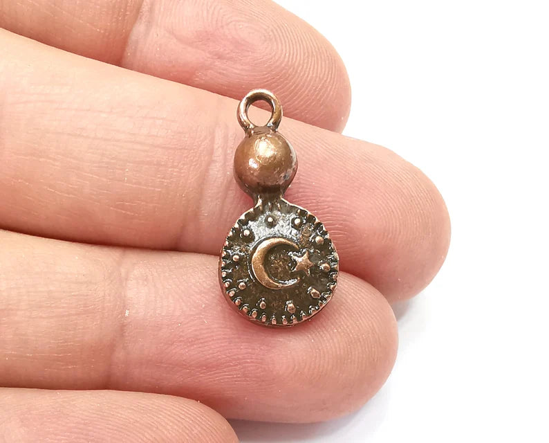 2 Moon and Star Charms, (Double Sided) Dangle Charms, Crescent and Star charms, Antique Copper Plated (23x11mm) G33888