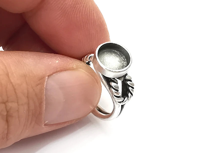Twisted Silver Ring Blank Setting, Cabochon Mounting, Adjustable Resin Ring Bezels, Antique Silver Plated Ring Base (8mm) G33803