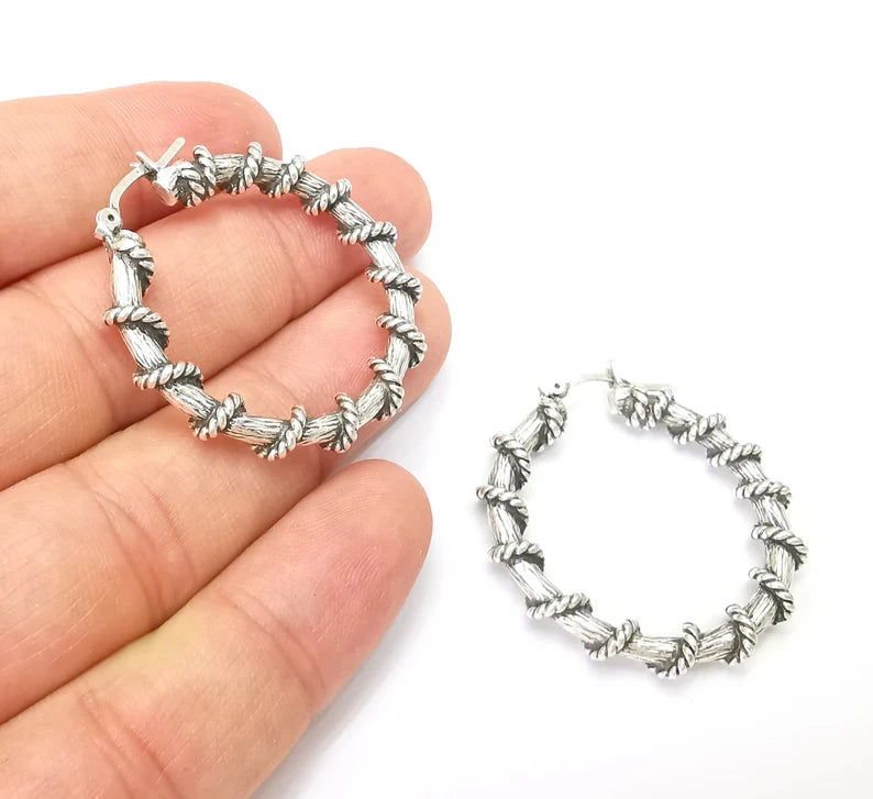 Silver Large Wire Wrapped Hoop Earrings, Antique Silver Plated Hoop Earring, Findings (40mm) G33812