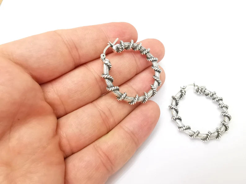 Silver Large Wire Wrapped Hoop Earrings, Antique Silver Plated Hoop Earring, Findings (40mm) G33812
