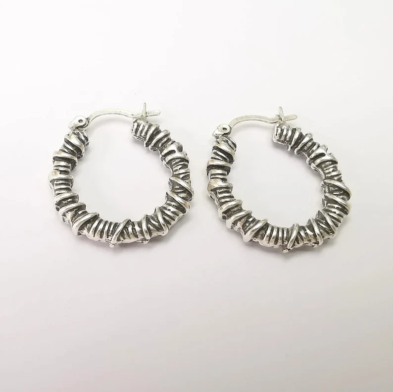 Silver Wire Wrapped Hoop Earrings, Antique Silver Plated Hoop Earring, Findings (28mm) G33814