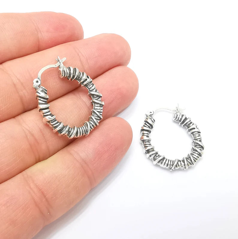 Silver Wire Wrapped Hoop Earrings, Antique Silver Plated Hoop Earring, Findings (28mm) G33814