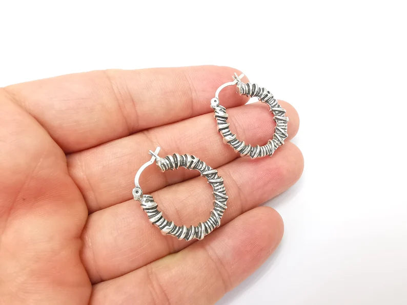 Silver Wire Wrapped Hoop Earrings, Antique Silver Plated Hoop Earring, Findings (28mm) G33814