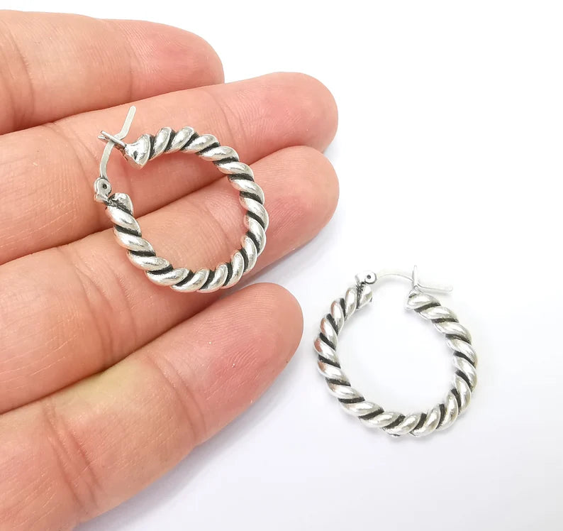 Silver Wire Wrapped Hoop Earrings, Antique Silver Plated Hoop Earring, Findings (28mm) G33815