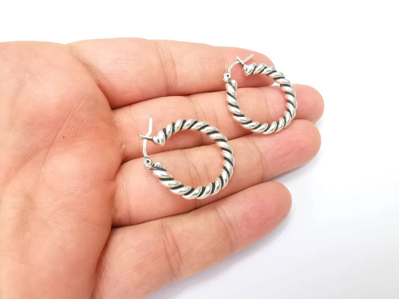 Silver Wire Wrapped Hoop Earrings, Antique Silver Plated Hoop Earring, Findings (28mm) G33815