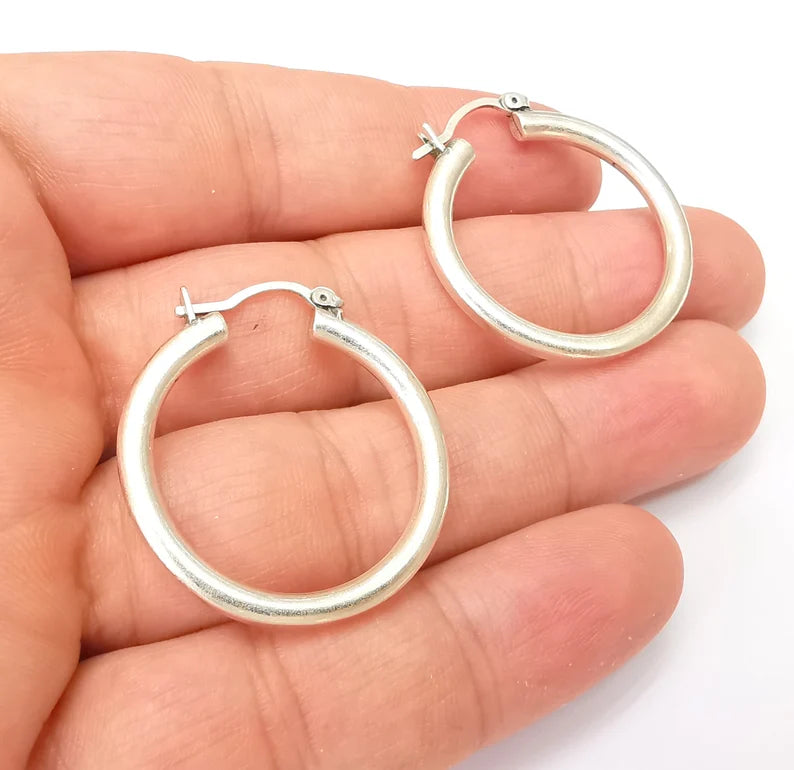 Silver Hoop Earrings, Antique Silver Plated Hoop Earring, Findings (31mm) G33819