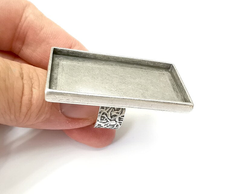 Big Rectangle Ring Blank Settings, Cabochon Mounting, Adjustable Antique Silver Resin Ring Base Bezel, Inlay Mosaic Epoxy (48x24mm) G33823