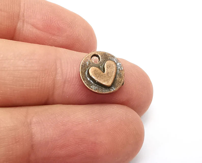 5 Heart (Double Sided) Disc Round Charms, Dangle Charms Antique Copper Plated (12mm) G33904