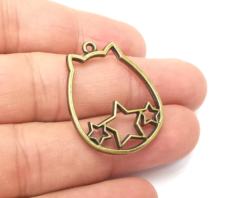 2 Cat, Stars Charms, Dangle Charms Antique Bronze Plated (31x25mm) G33912