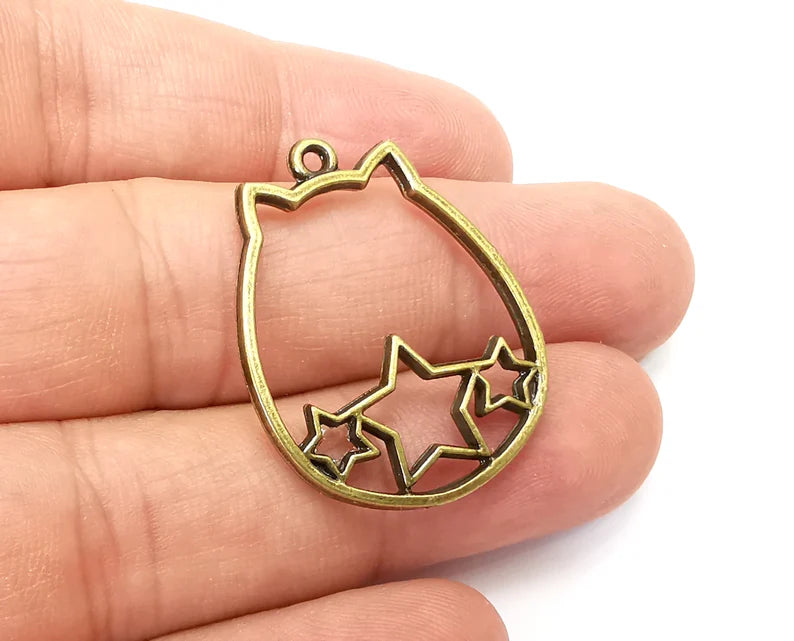 2 Cat, Stars Charms, Dangle Charms Antique Bronze Plated (31x25mm) G33912