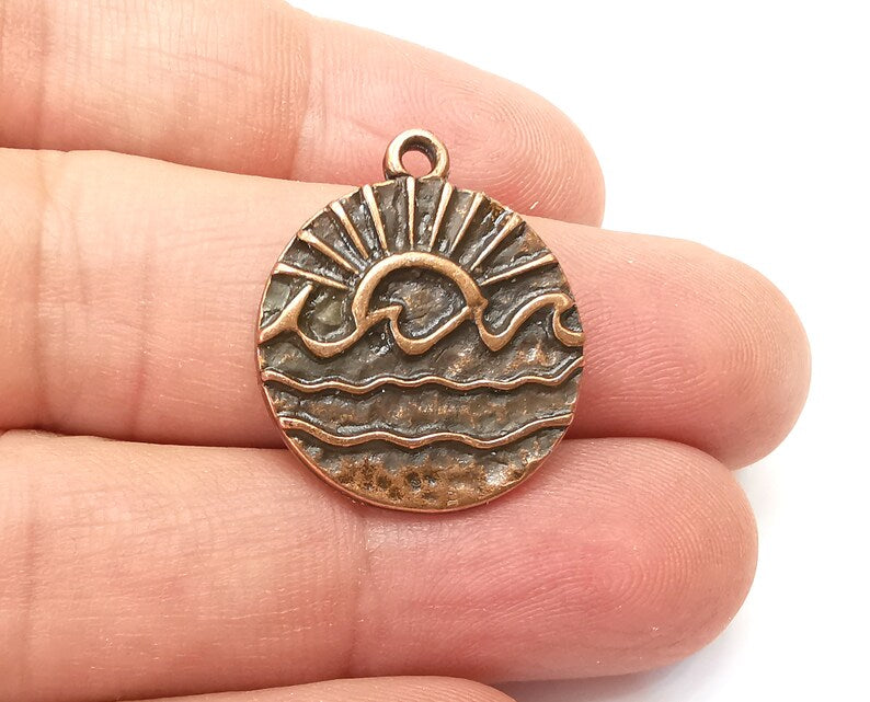 2 Wavy Sea and Sun Charm, Antique Copper Plated Charms (25x22mm) G33916