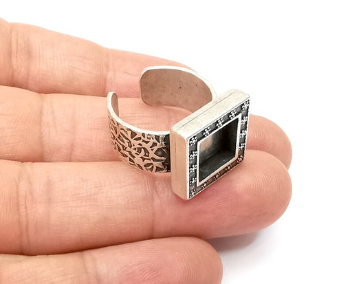 Flower Ring, Square Ring Blank Setting, Cabochon Mounting, Adjustable Resin Base Bezels, Antique Silver Plated (10mm) G33921