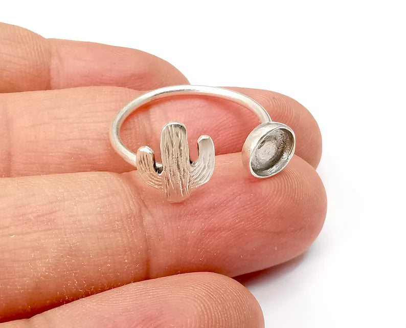 Cactus Ring Blank Settings, Cabochon Mounting, Adjustable Antique Silver Resin Ring Base Bezel, Inlay Mosaic Epoxy (6mm) G33860