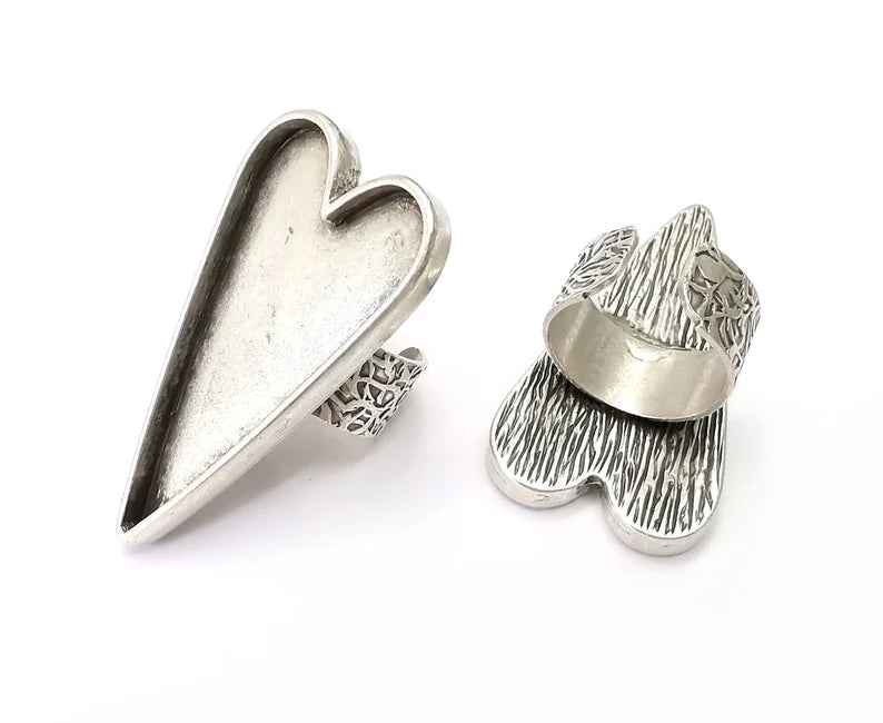 Large Heart Ring Blank Settings, Cabochon Mounting, Adjustable Antique Silver Resin Ring Base Bezel, Inlay Mosaic Epoxy (47x24mm) G33929