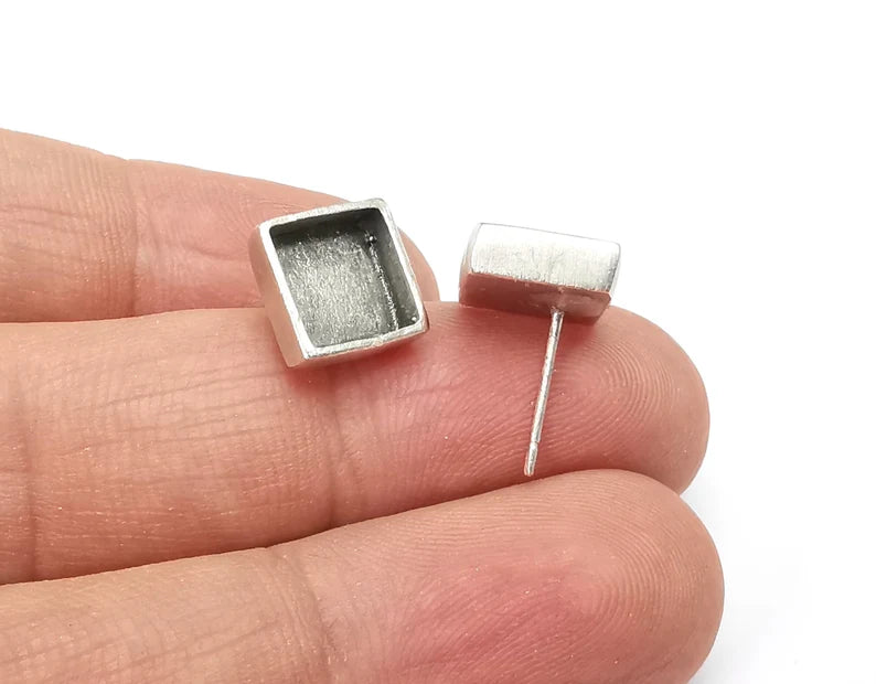 Square Silver Earring Set Base Wire Antique Silver Plated Brass Earring Base (8mm blanks) G33869
