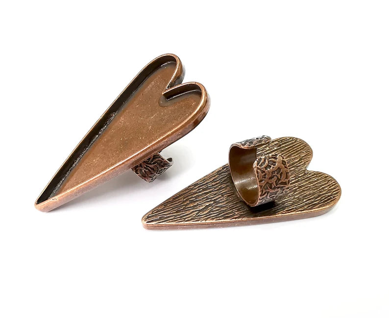 Large Heart Ring Blank Settings, Cabochon Mounting, Adjustable Antique Copper Resin Ring Base Bezel, Inlay Mosaic Epoxy (47x24mm) G33870