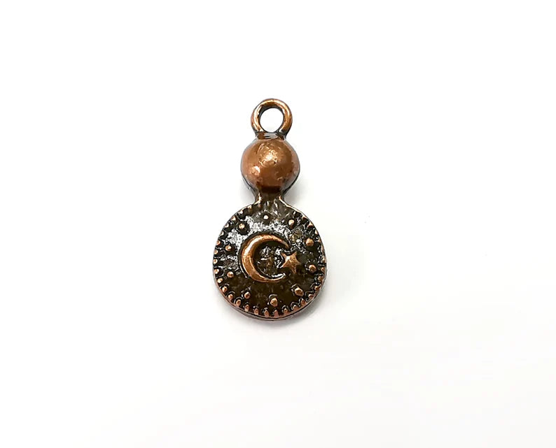2 Moon and Star Charms, (Double Sided) Dangle Charms, Crescent and Star charms, Antique Copper Plated (23x11mm) G33888