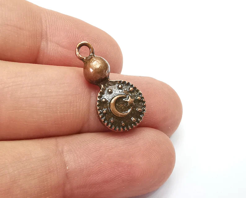 2 Moon and Star Charms, (Double Sided) Dangle Charms, Crescent and Star charms, Antique Copper Plated (23x11mm) G33888