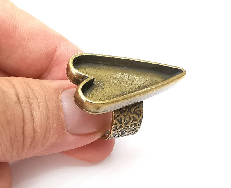 Heart Ring Blank Settings, Cabochon Mounting, Adjustable Antique Bronze Resin Ring Base Bezel, Inlay Mosaic Epoxy (34x16mm) G33974